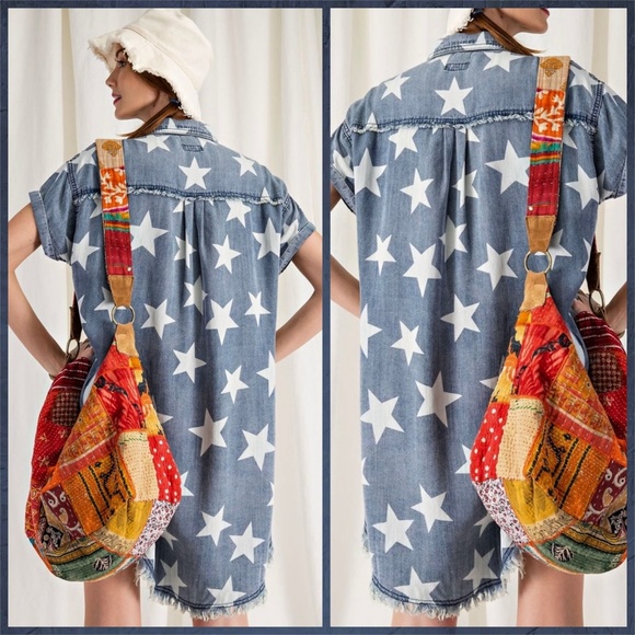 EASEL "Twinkle Star" Lightweight Cotton Denim Shirt Dress Button Up W/ Raw Seams - Picture 8 of 16